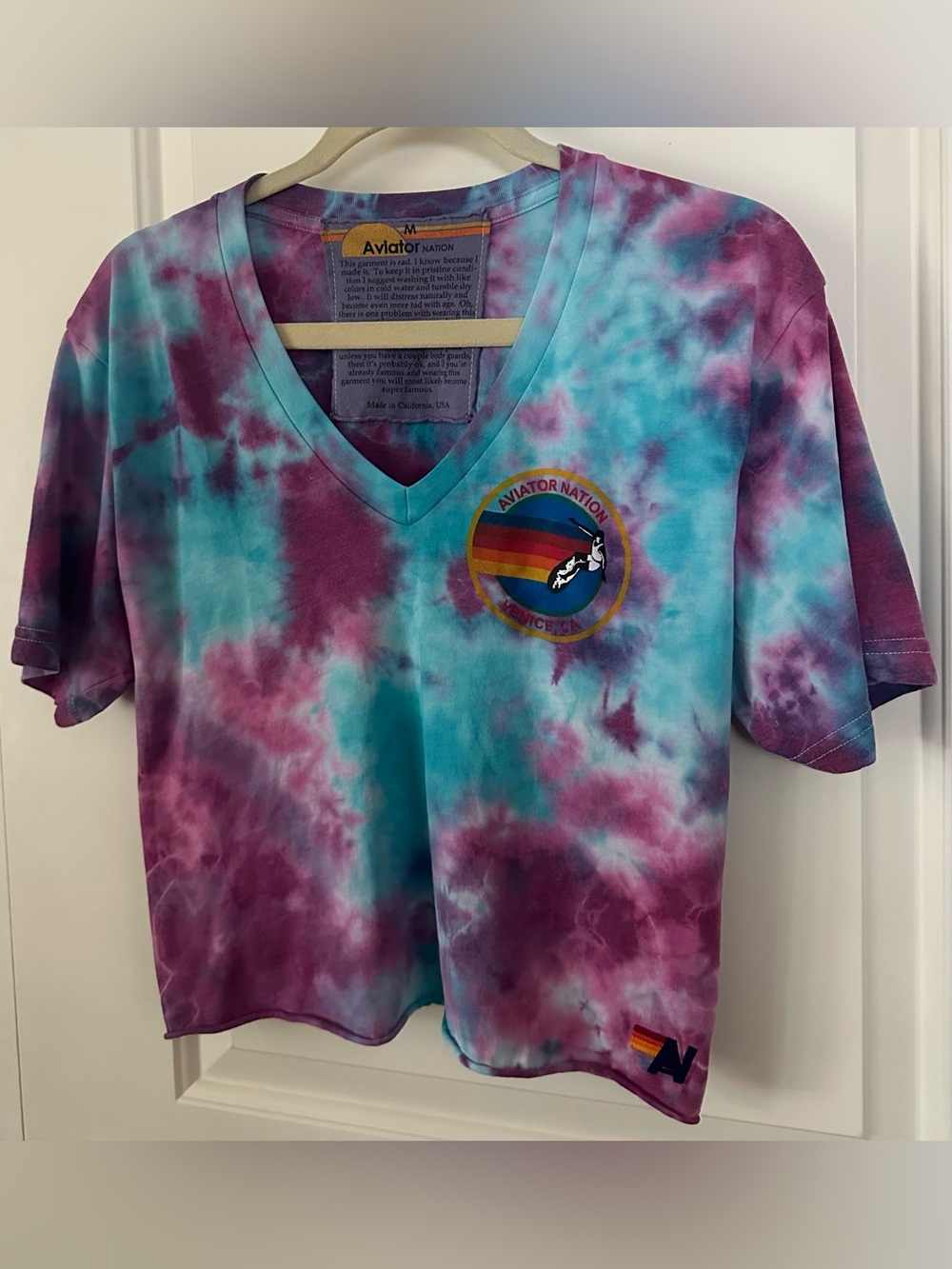 Aviator Nation Venice CA Tie Dye V-Neck Tee Medium Blue Purple